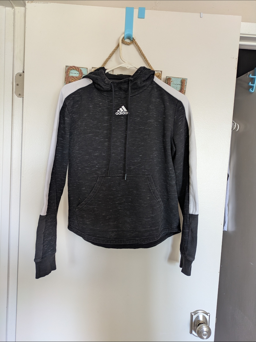 adidas Black Heather Hoodie with White Sleeve Stripes